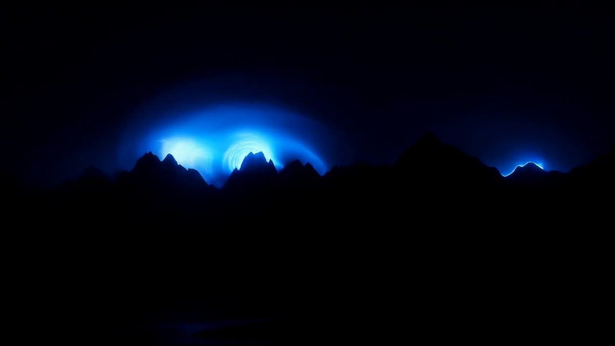 Poster frame: Neon light explodes over mountains: a Runway Gen-4.5 prompt