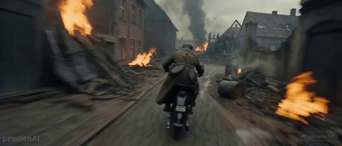 Poster frame: WW2 motorcycle escape from a one-line Seedance 2.0 prompt
