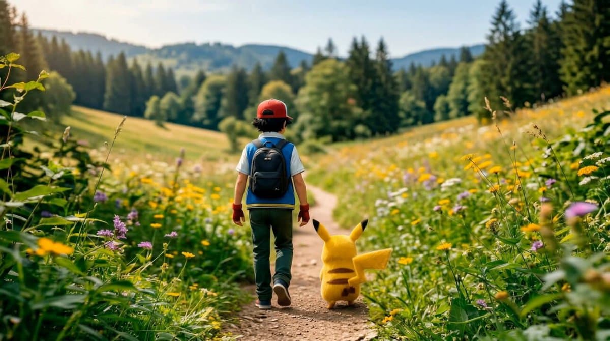 Poster frame: Character walks with a Pokemon: Nano Banana 2 into Kling 3.0
