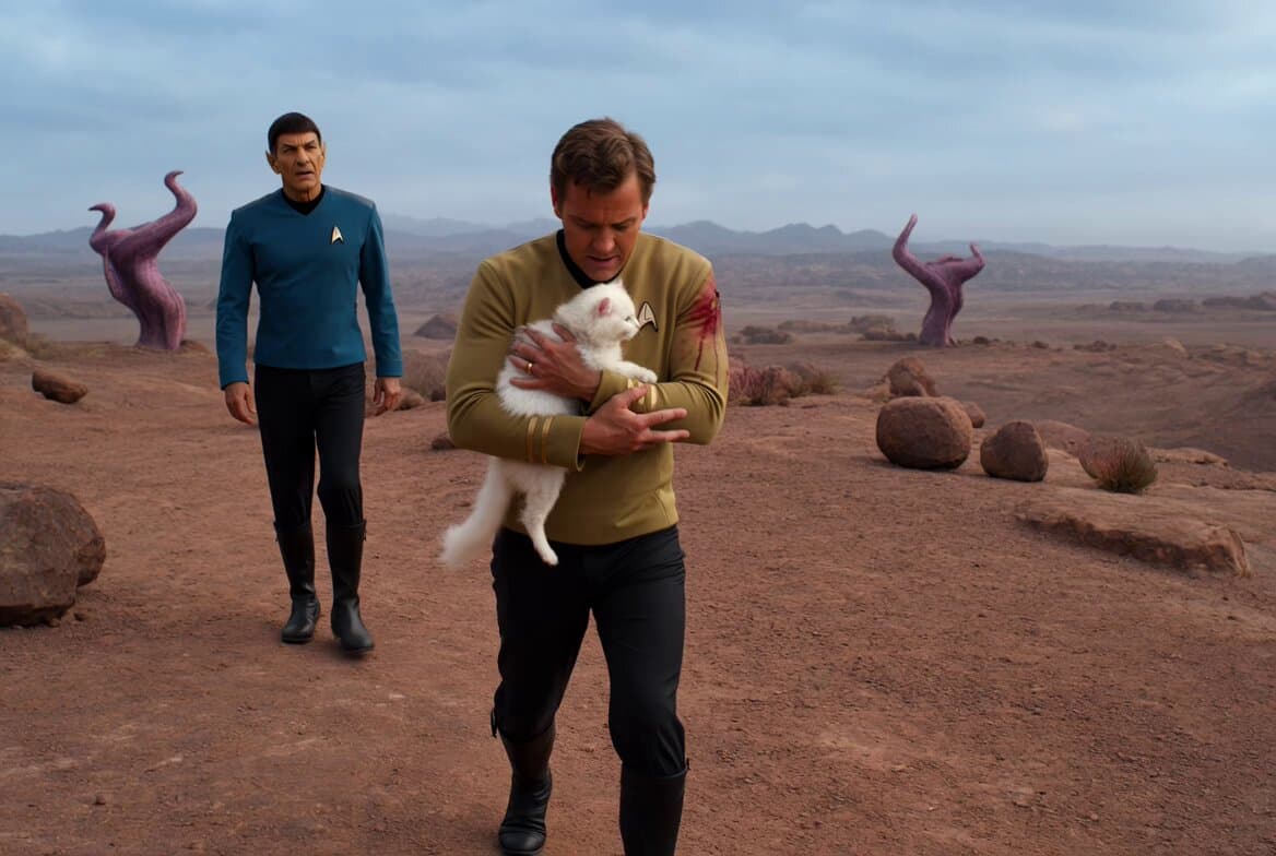Poster frame: Kirk and Spock rescue a cat: a one-line Grok Imagine prompt