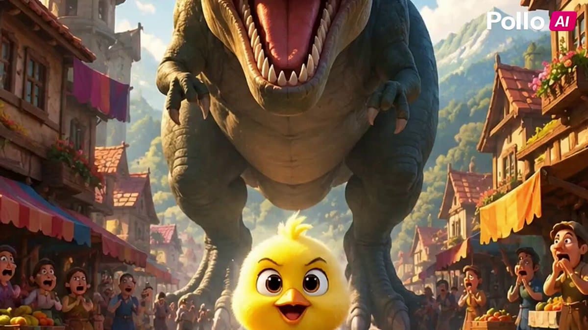 Poster frame: Tiny chick outruns a T-Rex: start, middle and end frame prompt