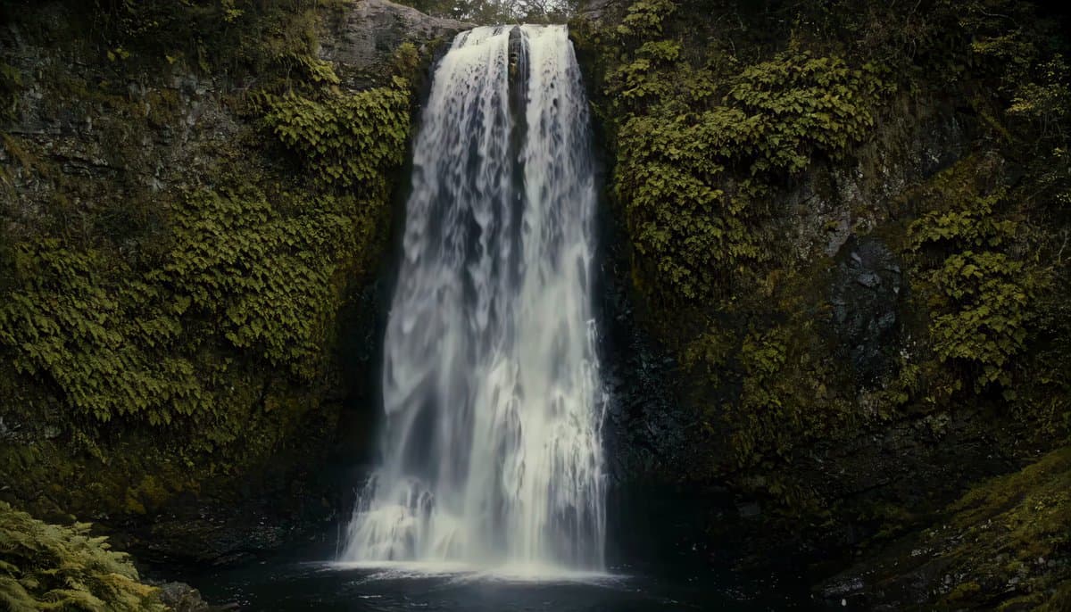 Poster frame: Waterfall freezes upward with matching sound in Hailuo H3