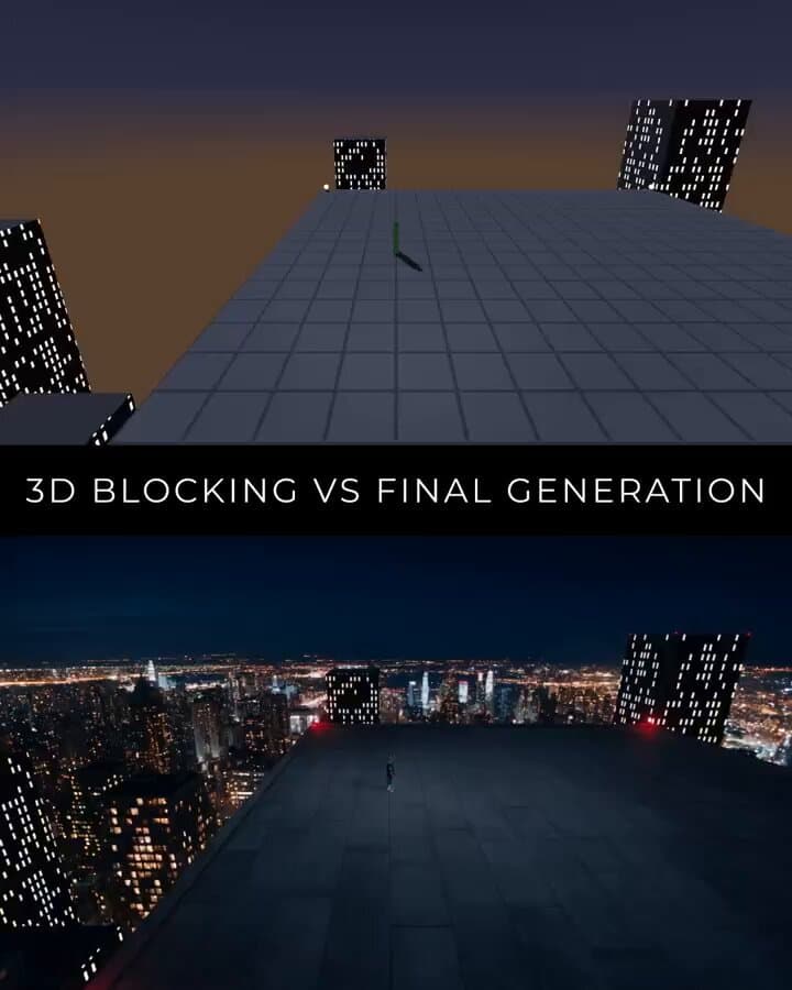 Poster frame: Rooftop jump: Claude blocks it in Blender, Seedance renders it