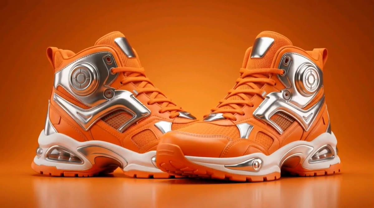 Poster frame: Black and orange sneaker ad from a single prompt