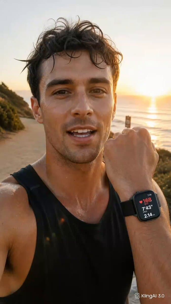 Poster frame: Smartwatch fitness UGC ad starting from a keyframe in Kling 3.0