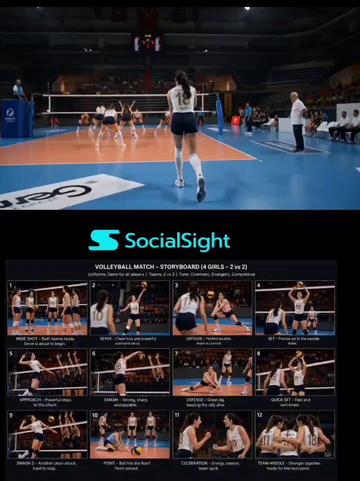 Poster frame: 2v2 indoor volleyball rally from a 12-panel GPT Image 2 storyboard