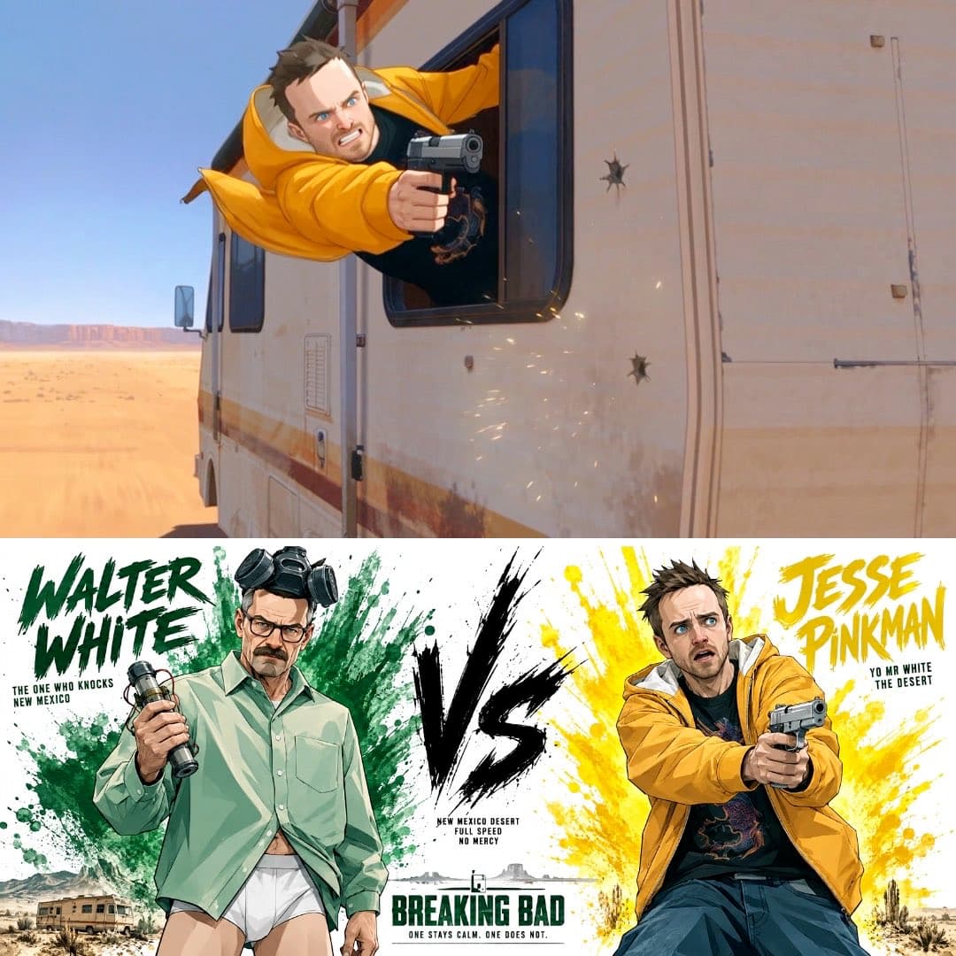 Poster frame: Anime RV desert chase from a character sheet and one Seedance prompt
